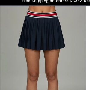 Navy Pleated Mini Skirt with Red & White Striped Waistband